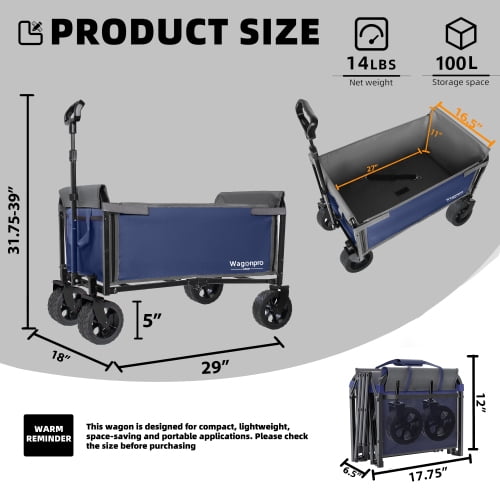 Heavy Duty Collapsible Wagon, 220 Lbs Utility Cart with 5" All-Terrain Wide Wheels & Drop-Down Side, Dark Blue