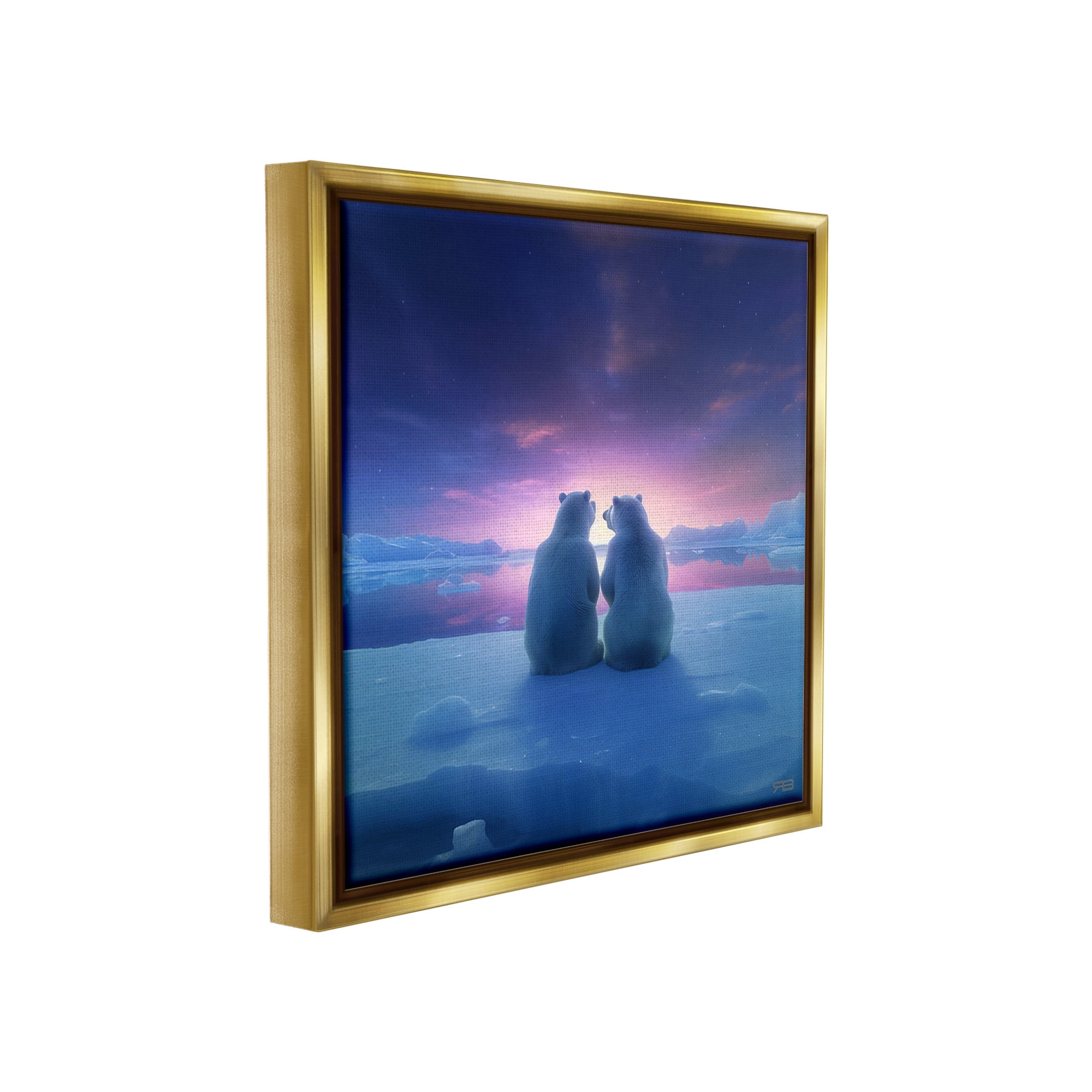 Stupell Industries Polar Bears at Sunset Animals & Insects Painting Gold Floater Framed Canvas Art Print Wall Art, 18 x 18