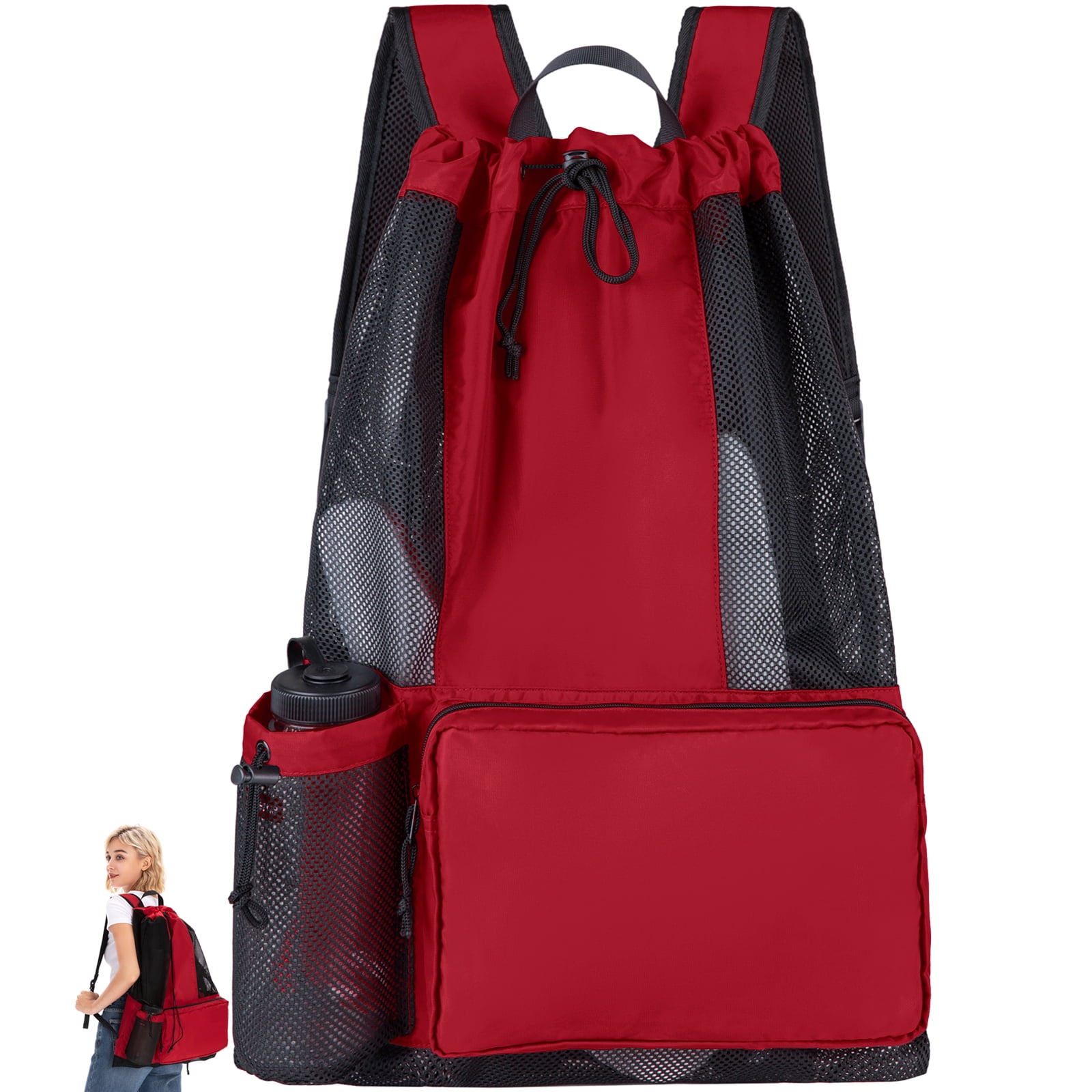 Mesh Swim Bag Beach Bag Backpack Red