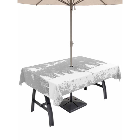 Outdoor Tablecloth with Umbrella Hole and Zipper, Grey Christmas Rectangle Table Cloth 60x84 Inch Waterproof Tablecloth, Xmas Elk Tree Snowflake Forest Picnic Table Cover for Patio Camping
