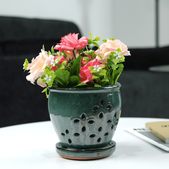 mdj pottery Ceramic Orchid Pot, 5.9 Inch Emerald Glazed Planter with Drainage Hole, Vent Holes & Attached Matching Saucer