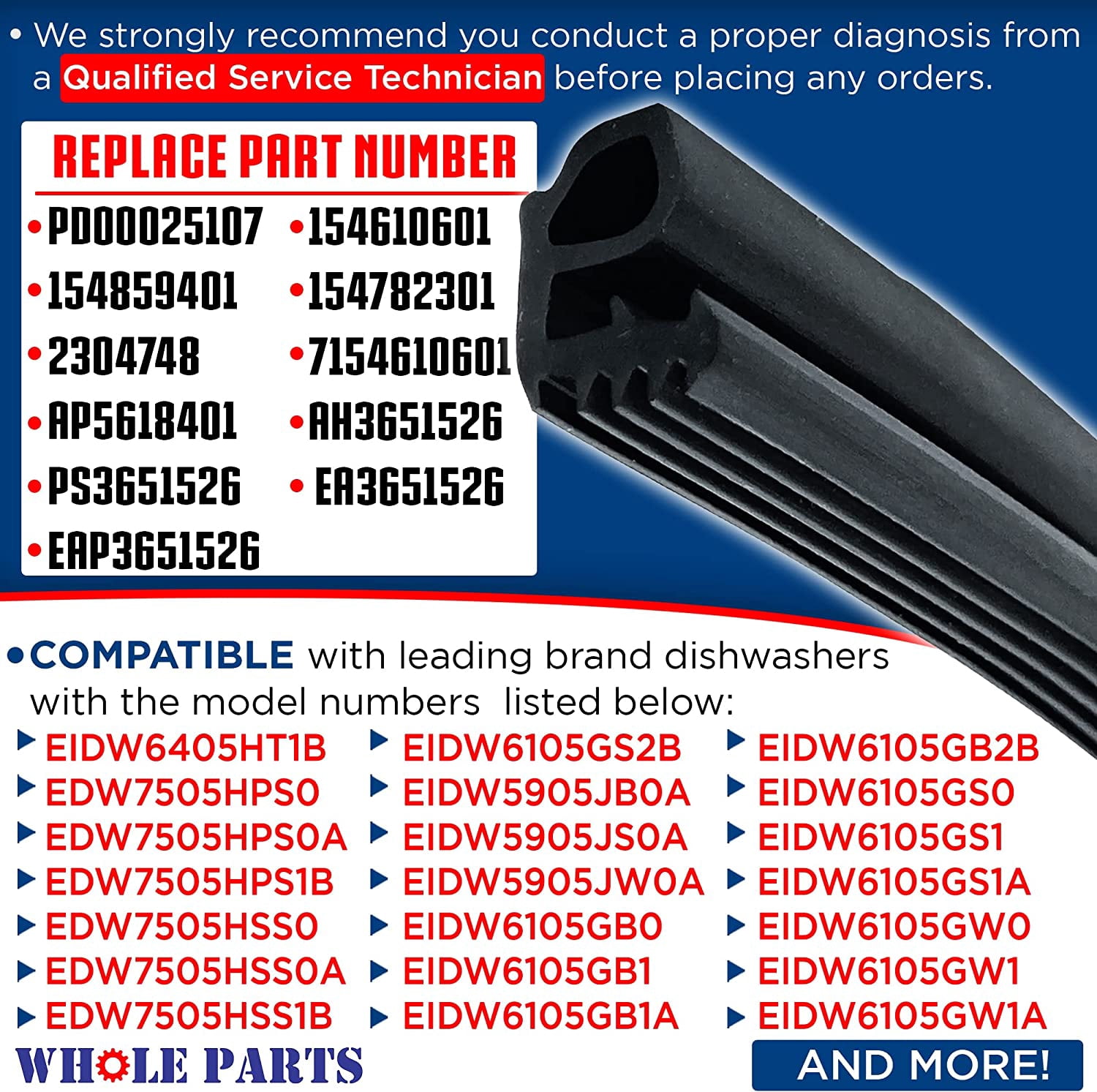 Whole Parts Dishwasher Bottom Door Gasket (Black) Part # 154859401 - Replacement & Compatible With Some Frigidaire and Electrolux Dishwashers - 2 Yr Warranty