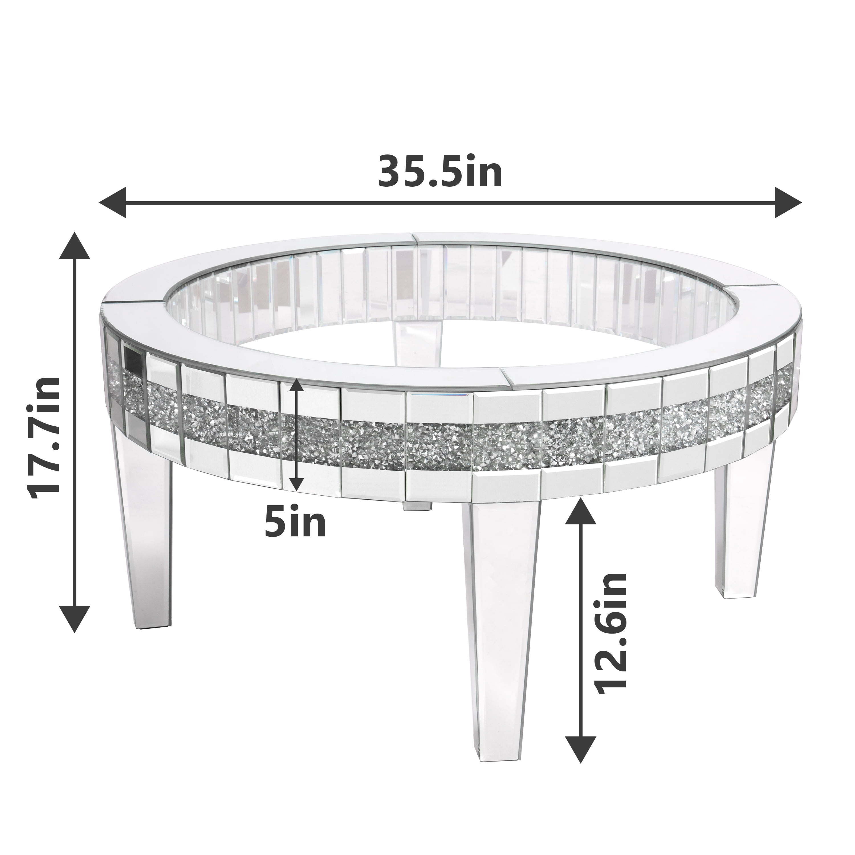 35.5'' Round Glass Top Coffee Table with Crystal Inlay Modern Round Coffee Table Silver Accent Table for Living Room Decor
