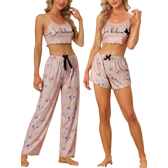 Unique Bargains Womens 3Pjs Cami with Shorts Loungewear Pants Pajama Sleepwear Sets