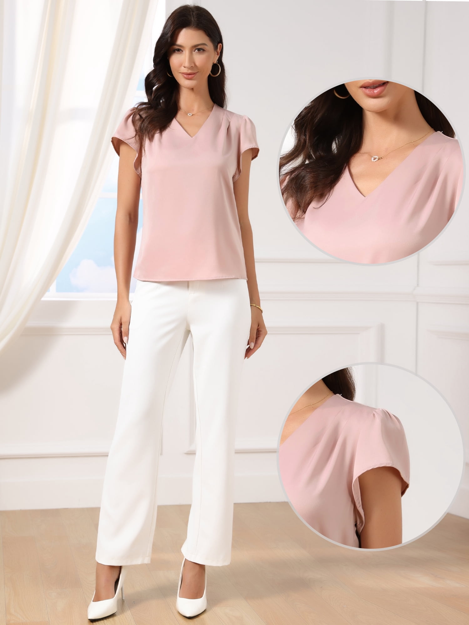 DARING DIVA Women's Cap Short Sleeve V Neck Pleated Front Satin Blouse M Dusty Pink