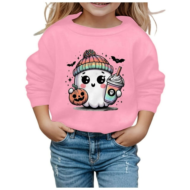 GDREDA Chandails à Capuchon à la Mode pour Filles Mignon Chandail Imprimé à Manches Longues Design Élégant à Col Rond pour Enfants Actifs Idéal pour Sorties Décontractées et Halloween Rose, 2-3 Ans