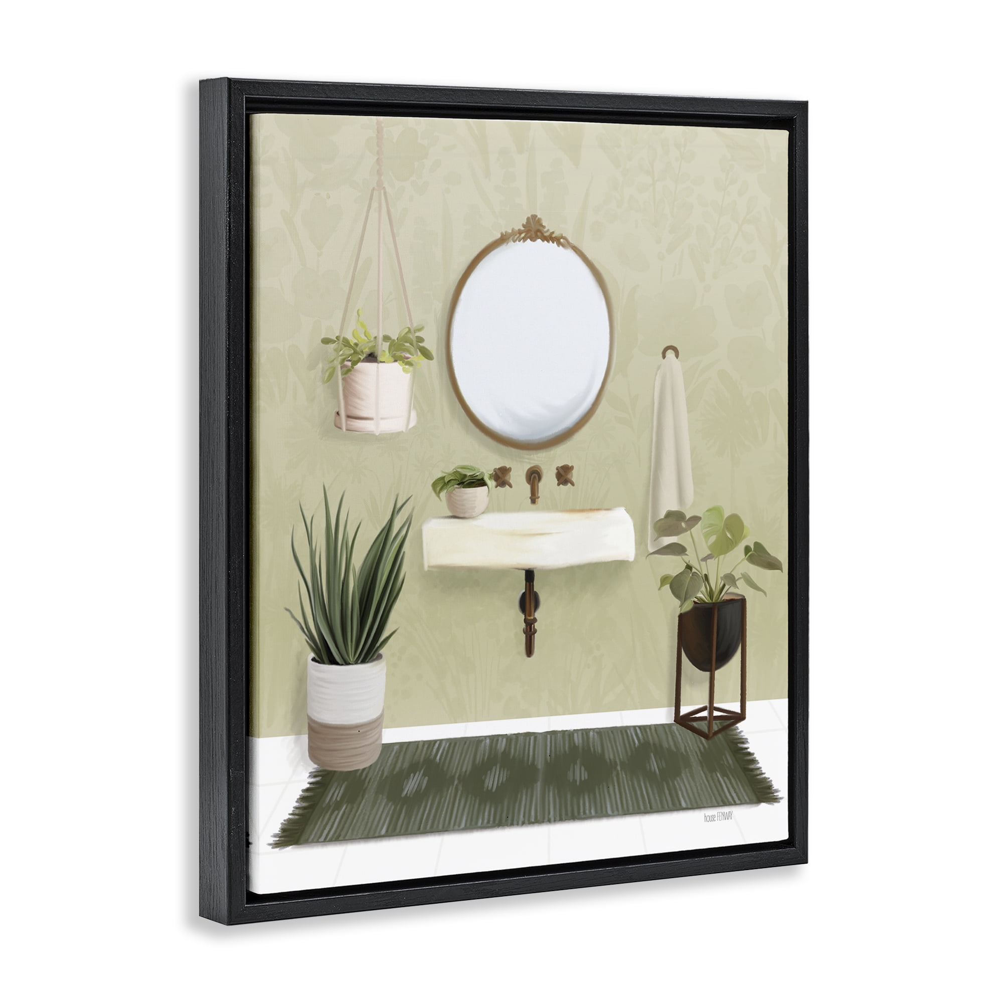 Stupell Industries Soothing Bathroom with Plants Bath & Laundry Painting Black Floater Framed Canvas Art Print Wall Art, 17 x 21