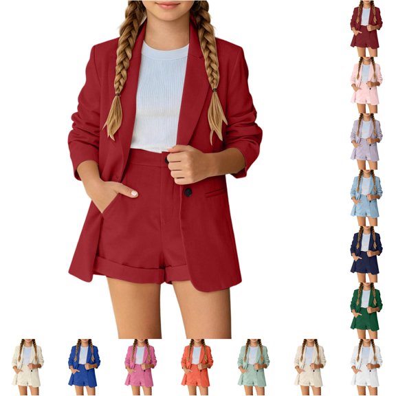 RUTAYY Girls 2 Piece Outfit Set Turndown Collar Long Sleeve Button High Waist Hem Pocket Shorts Formal Matching Set Red