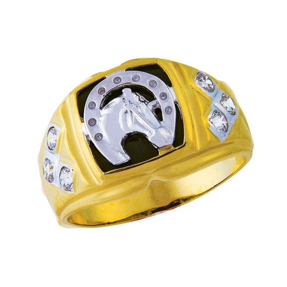 14K Men's Fancy Horse in Horseshoe CZ Two-Tone Gold Ring