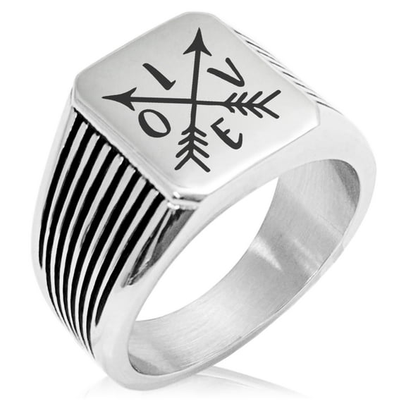 Stainless Steel Love Arrow Compass Needle Stripe Pattern Biker Style Polished Ring