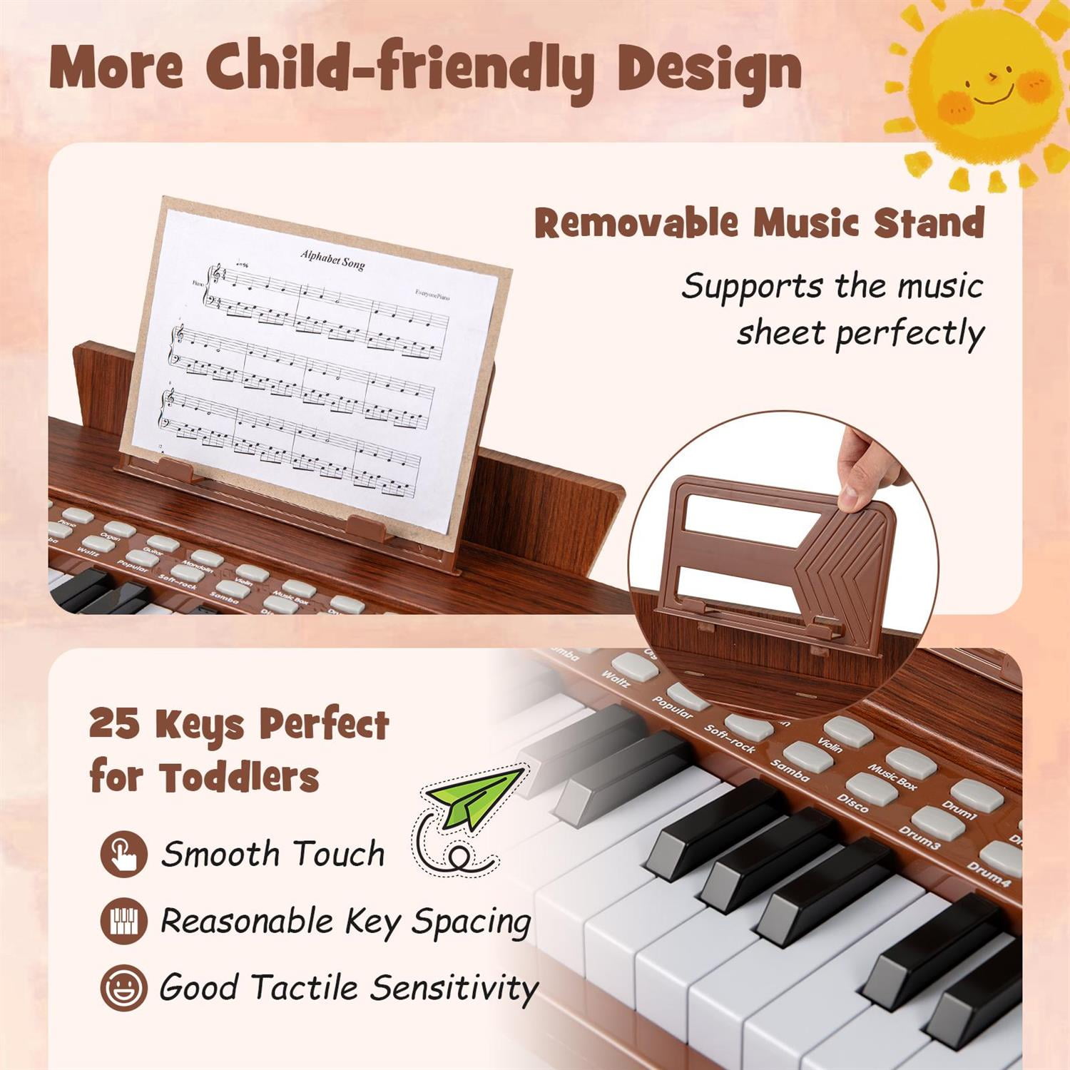 Spaco 25-Key Piano Keyboard, Record/Playback Function with Adjustable Speed & Volume, Ideal for Music Learning, Brown
