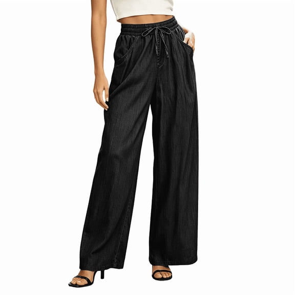Ruimatai Women's Chambray Wide Leg Pants Drawstring Elastic High Waist Side Pocket Loose Fit Vacation Daily Casual Trousers