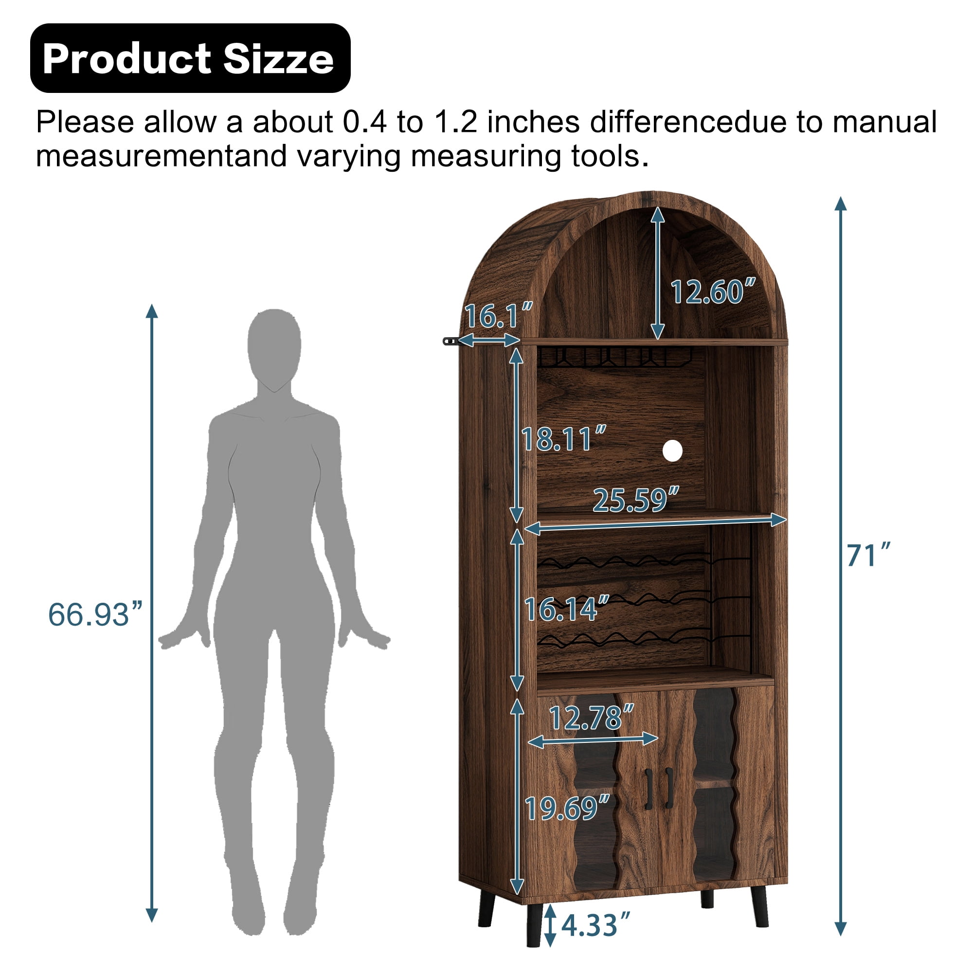 Leumius 71"Farmhouse Arched Bar Cabinet with Wine Rack and Wine Glass Holder, Tall Arched Display Cabinet, Arch Wine Bar Cabinets &Coffee Bar,Liquor Bars Cabinet for Living Dining Room Brown