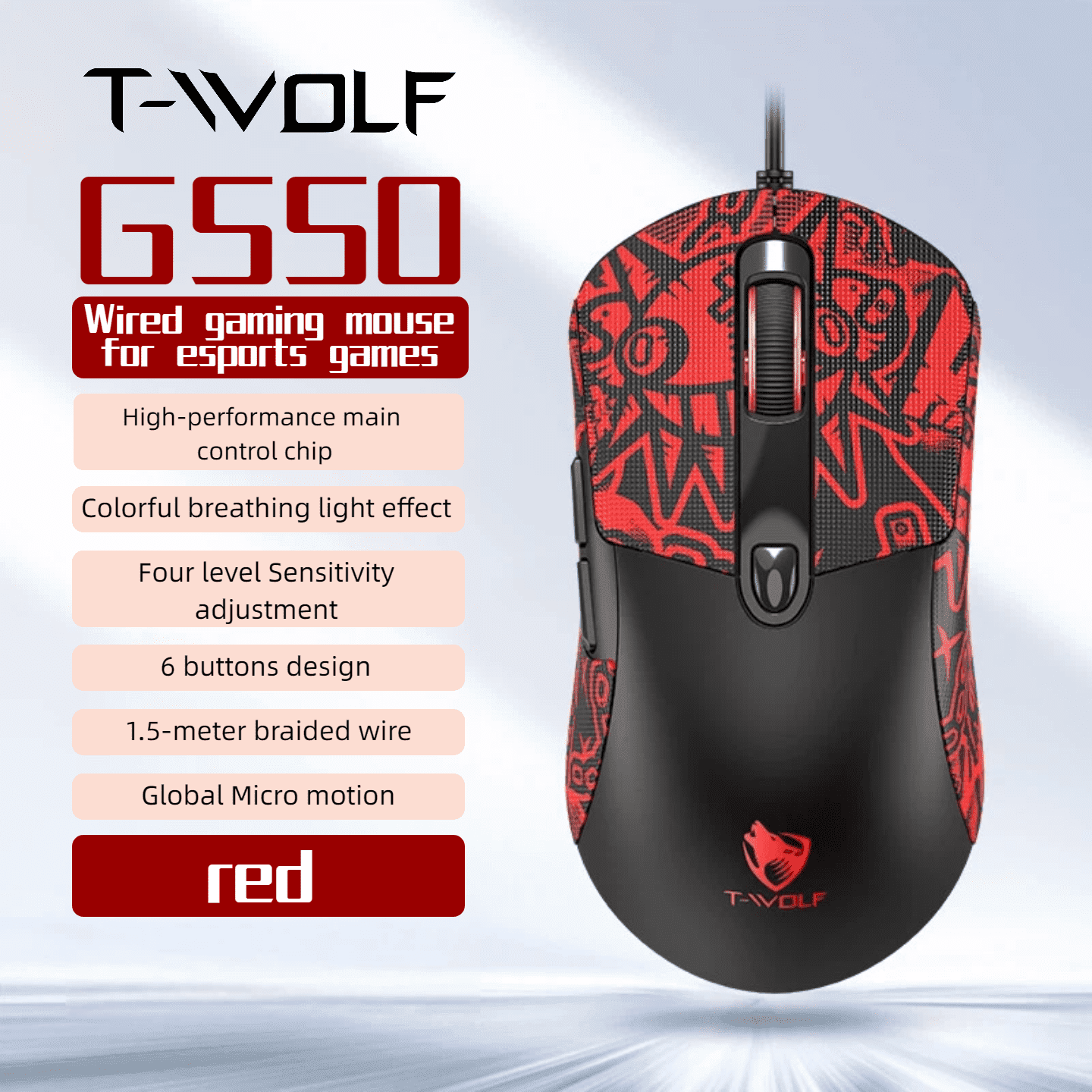 Wired Gaming Mouse 7200 DPI High Precision, RGB Backlit Black Mouse with Red Stickers, Adjustable DPI, Ergonomic Gaming Mouse for PC Laptop FPS MOBA Gaming