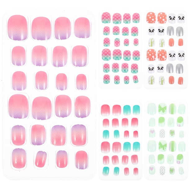 5 cajas/120 piezas de uñas postizas para niños, uñas postizas con dibujos animados para niñas