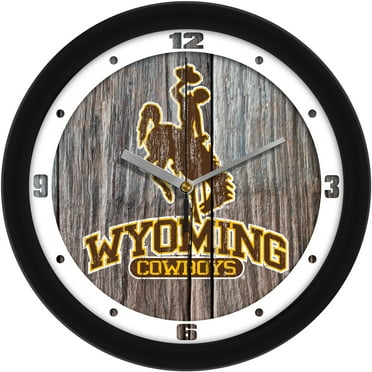 Wyoming Cowboys 11.5'' Suntime Premium Glass Face Weathered Wood Wall Clock