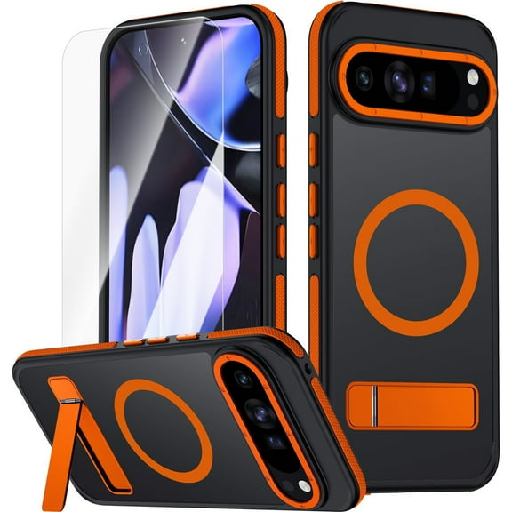 Dteck Case with Screen Protector for Google Pixel 9 Pro XL ,Shockproof Translucent Matte PC Case Compatible with Mag Safe Adjustable Kickstand Military Grade Drop Back Cover,Orange