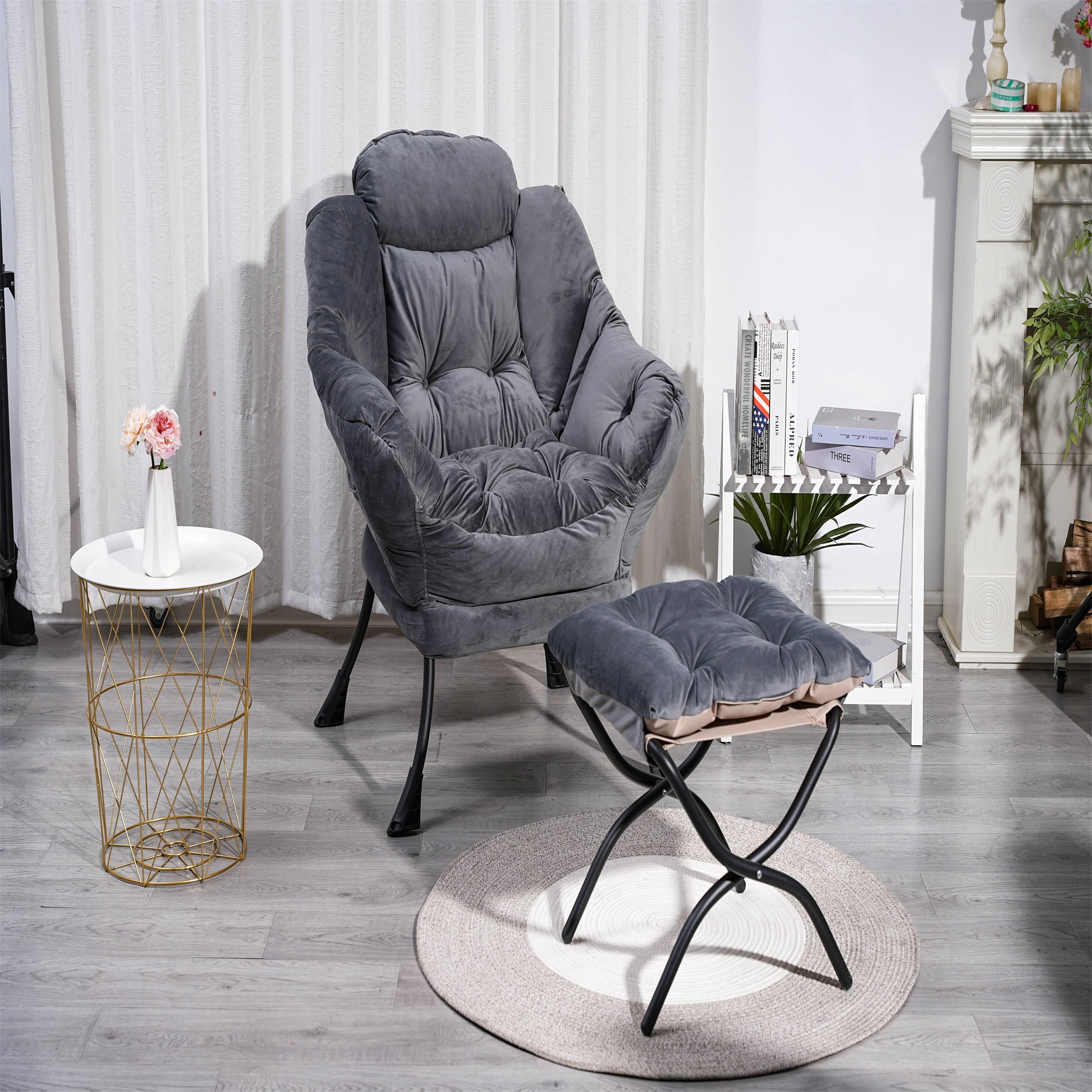 Spaco Modern Cotton Fabric Lazy Chair, Chair with Ottoman Set Armrests and A Side Pocket, Dark Gray Spaco Modern Cotton Fabric Lazy Chair, Chair with Ottoman Set Armrests and A Side Pocket, Dark Gray