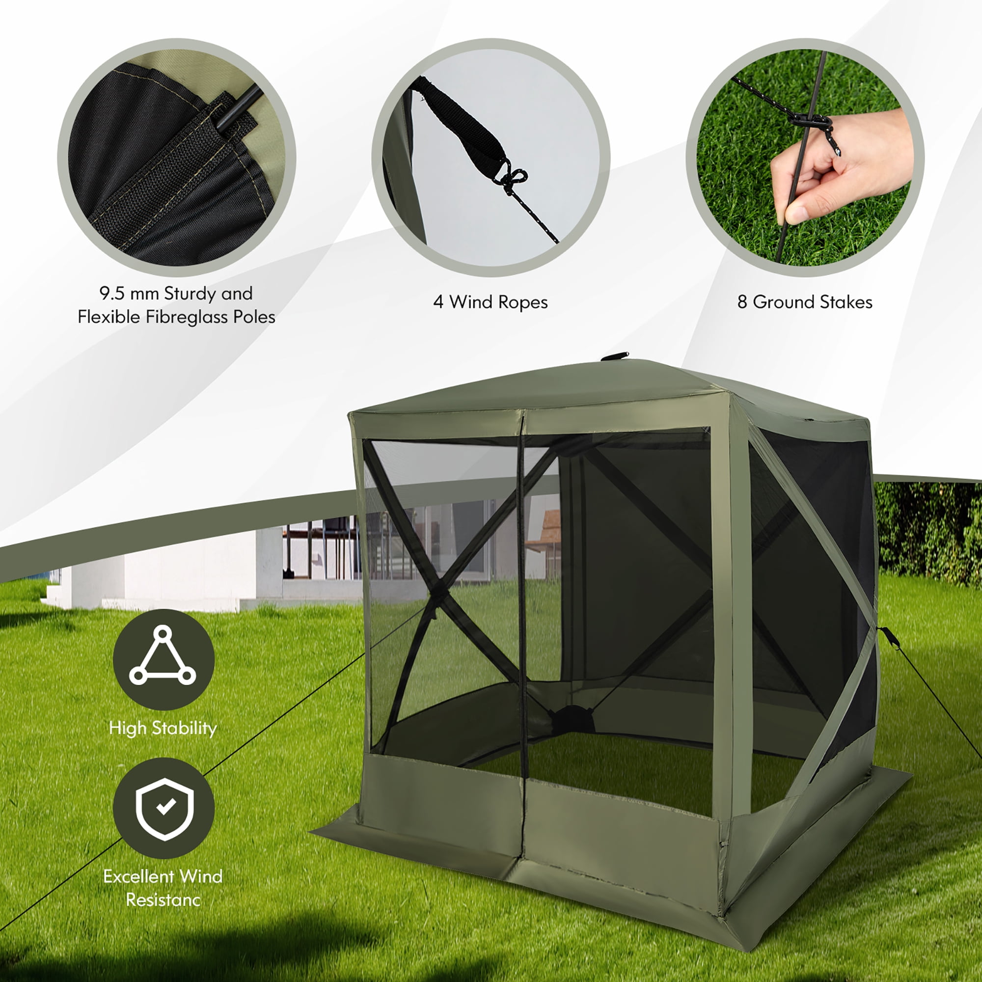 Costway 6.7 FT x 6.7 FT 4-Panel Pop up Camping Gazebo Quick-Set with 2 Sunshade Cloths Green