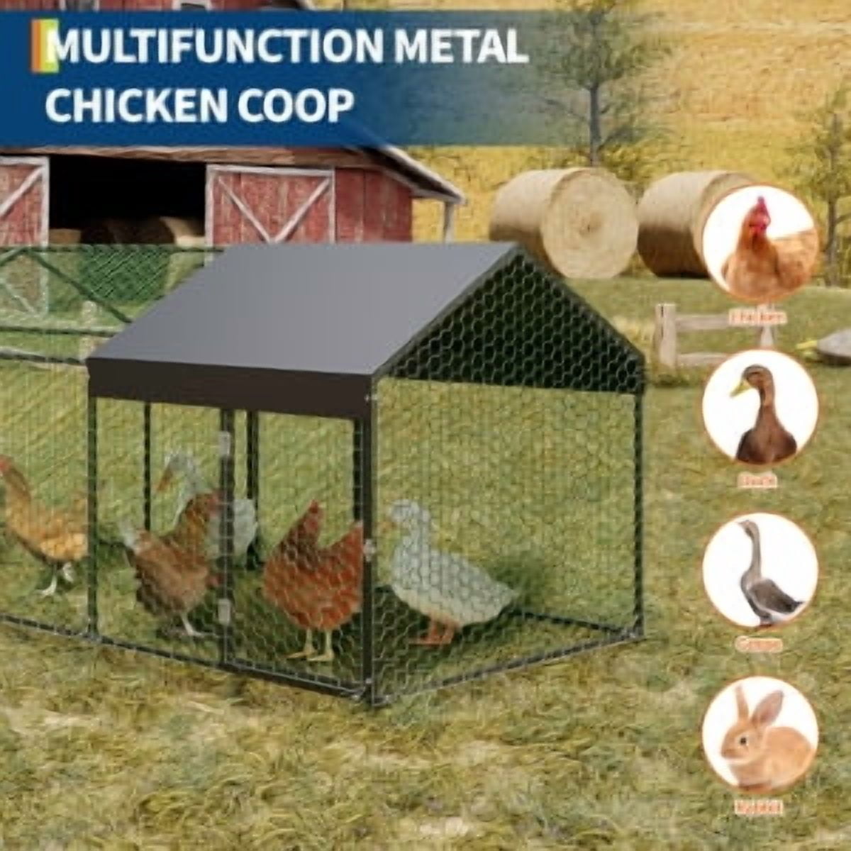 Soonbuy Metal ChickenCoop, Large Chicken Run with 3 Doors, Outdoor Hen House for Yard with Waterproof and Anti-UV Cover, Walk in Poultry Cage for Rabbit Duck Goose