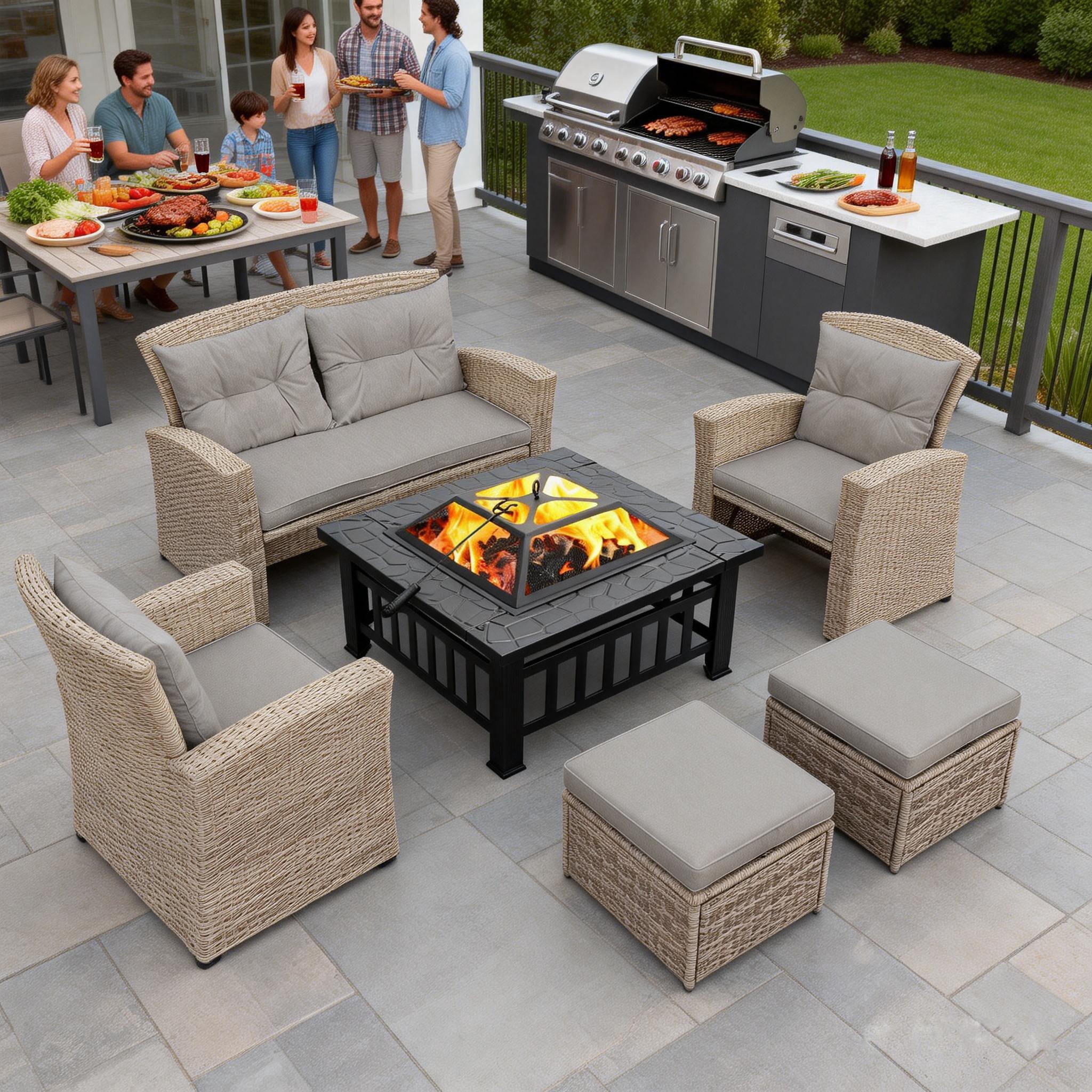 6-Piece Outdoor Patio Furniture Set,Multi-Functional 32-inch Outdoor Fire Pit,All-Weather PE Rattan Seating Setand, 4 Cushions,Suitable for Patios, Gardens, and Backyards ,Gray.