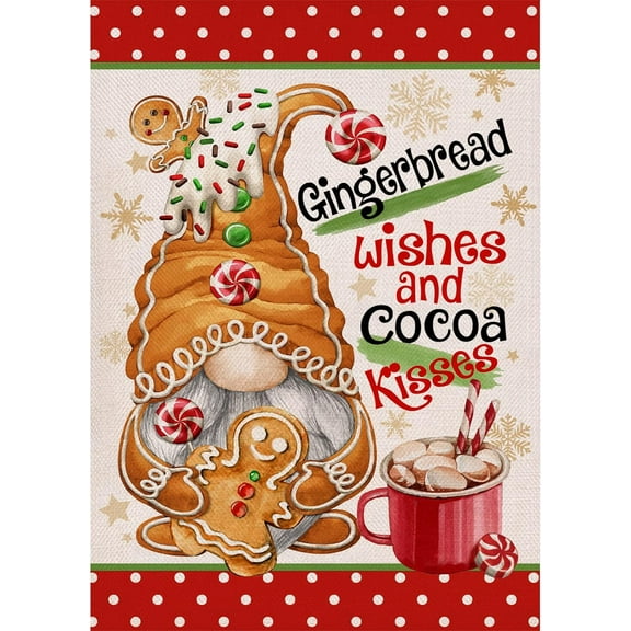 Christmas Gingerbread Wishes and Cocoa Kisses Gnome Decorative Burlap Garden Flag, Xmas Hot Chocolate Home Yard Small Outdoor Decor, Winter Outside Decoration Double Sided 12 x 18