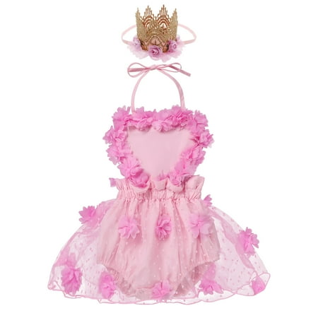 

IBTOM CASTLE Baby Girl 1st Birthday Outfit Lace Tulle Romper Princess Tutu Dress Headband Shiny ONE Cake Smash Photo Shoot Clothes 6-12 Months Pink Flower