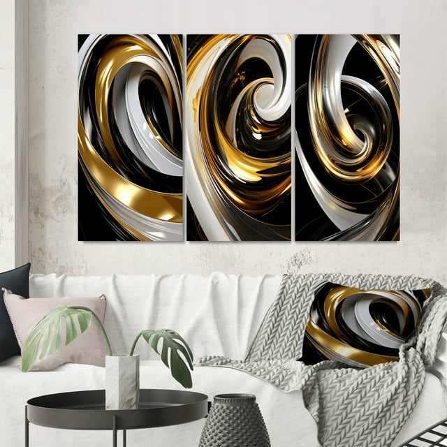 Designart "Black White Gold Swirl Liquid Dimension II" Abstract Spirals Wall Art Set Of 3 - Transitional Gold Canvas Set For Living Room Decor