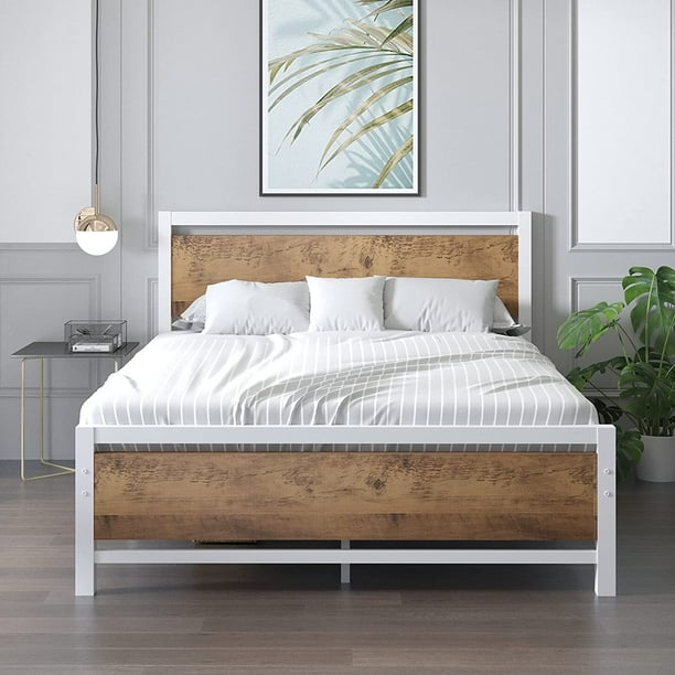 Rustic Bed Frame Queen, Queen Size Metal Platform Bed Frame with Wooden