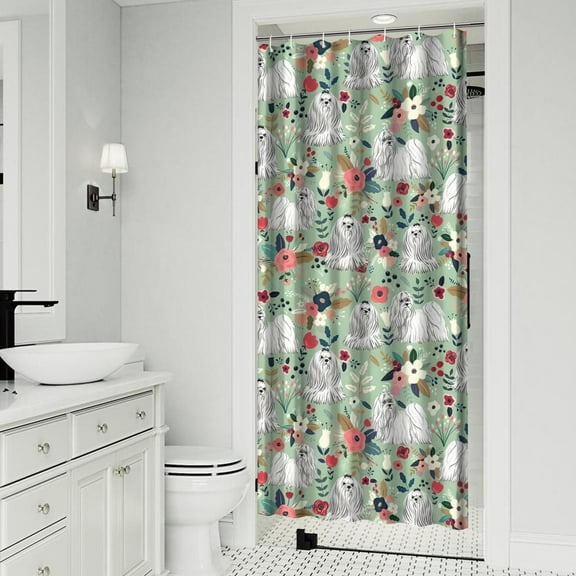 Maltese Dog and Flower Floral Shower Curtain 36x72in ,Bathroom Decorative Shower Curtains Set with 12 Hooks,Modern Waterproof Washable Shower Curtain