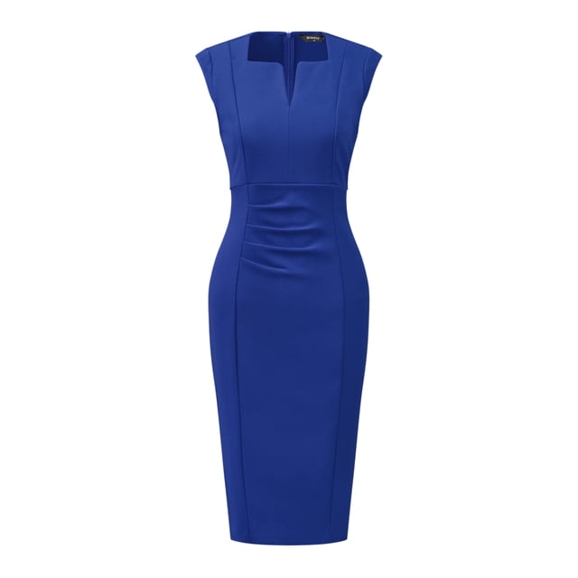 Vestido de trabajo de oficina con cuello en V y manga casquillo plisada para mujer Azul Real M