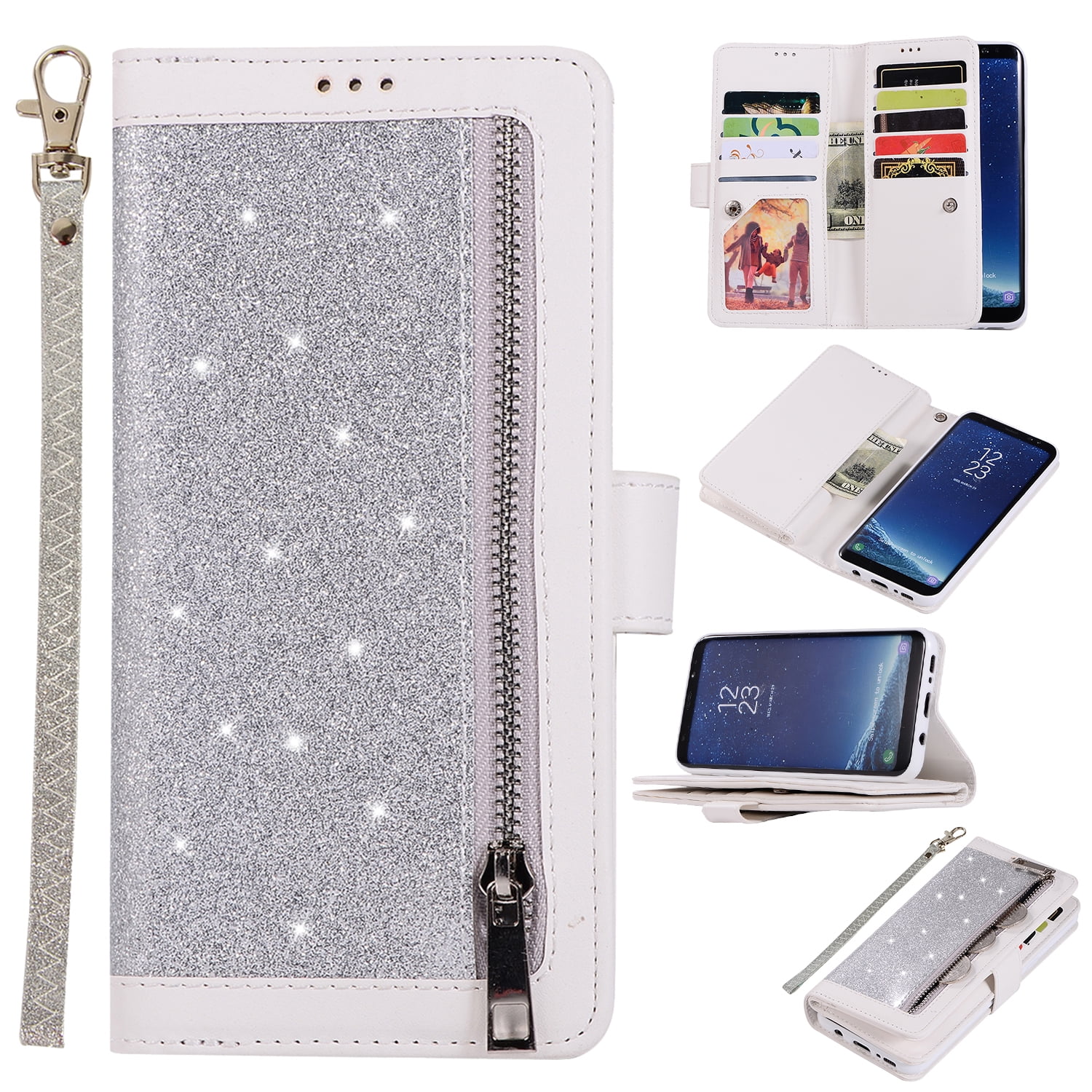 Karomenic kompatibel mit Samsung Galaxy S8 PU Leder Hülle 3D Glitzer Diamant Handyhülle Brieftasche Durchsichtig Schutzhülle Klapphülle Magnet Ledertasche Bumper Wallet Flip Case Etui,Weiß 
