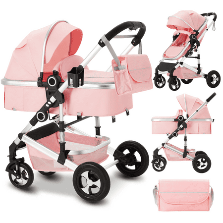 AILEEKISS 2 in 1 Convertible Baby Stroller  Unisex Folding Infant Newborn Bassinet Pram  Pink