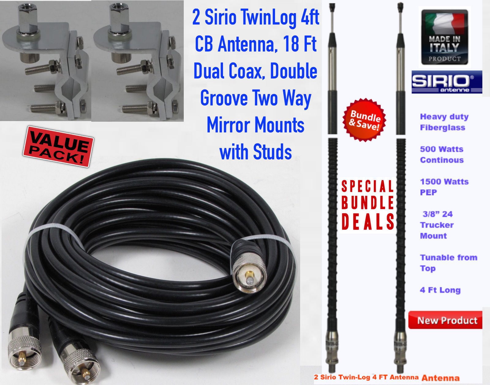 Dual Sirio TwinLog 4 4ft 1500 Watt CB Antenna kit