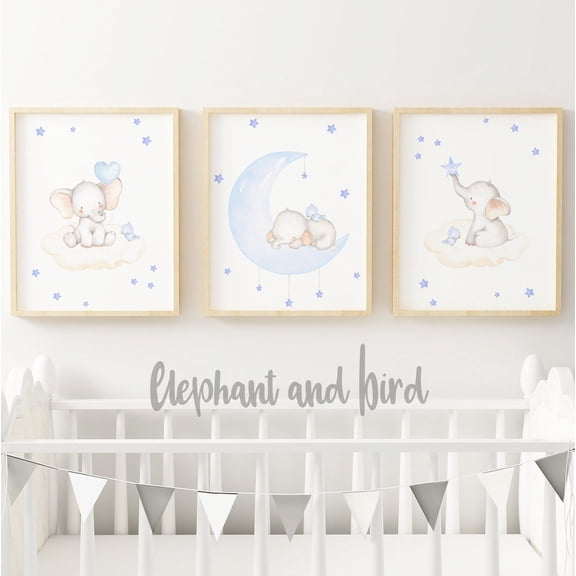 UNFFRAMED Nursery Wall Art, Set Of 3, Elephant Nursery, Moon And Stars, Baby Decor, Wall Art, , Room Decor Set 3 Prints 8x12