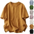 thumbnail image 2 of Bosfbaoi Linen Shirts for Women Summer Crew Neck Casual Tops Soild Color Short Sleeve Blouse, 2 of 8