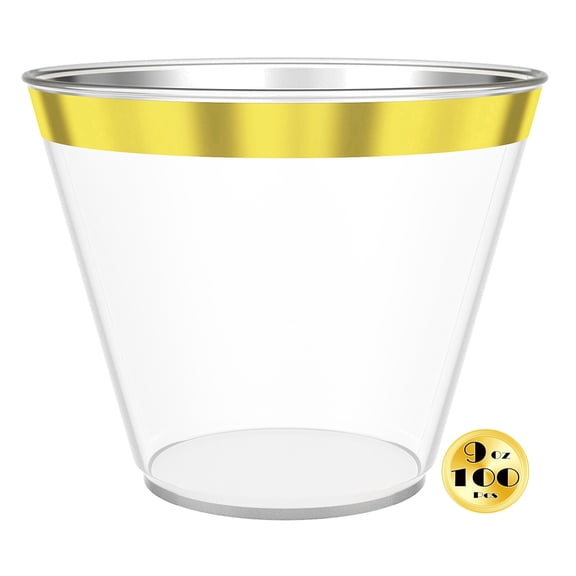 JL Prime 100 Gold Plastic Cups, 9 Oz Heavy Duty Reusable Disposable Gold Rim Clear Plastic Cups, Old Fashioned Tumblers, Hard Plastic Drinking Cups for Party and Wedding