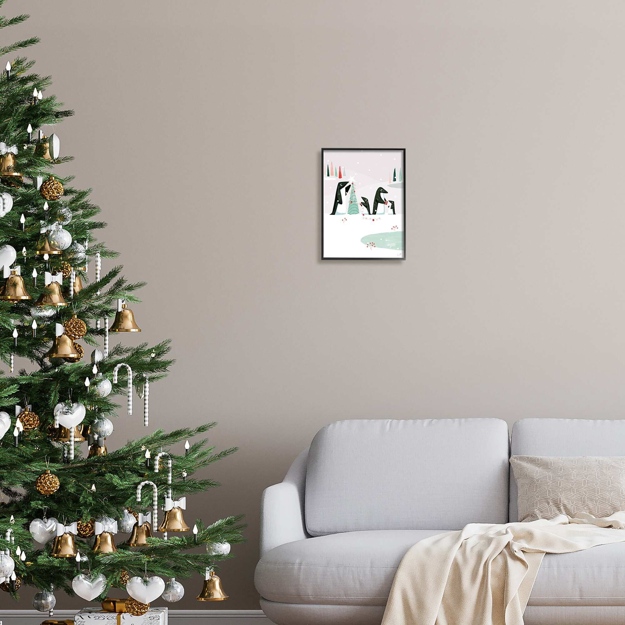 Stupell Industries Penguins Decorating Christmas Tree Holiday Painting Gray Framed Art Print Wall Art