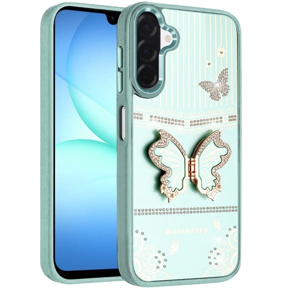 For Motorola Moto G Stylus 5G (2025) Glitter Butterfly Case with 3D Stand Sparkle Hybrid Metallic Edges Protective Phone Cover Slim Fit [Teal Green]