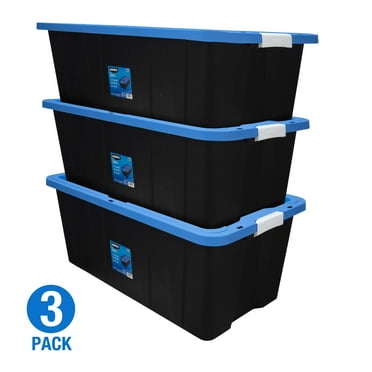HART 40 Gallon Latching Plastic Storage Bin Container, Black with Blue Lid, Set of 3
