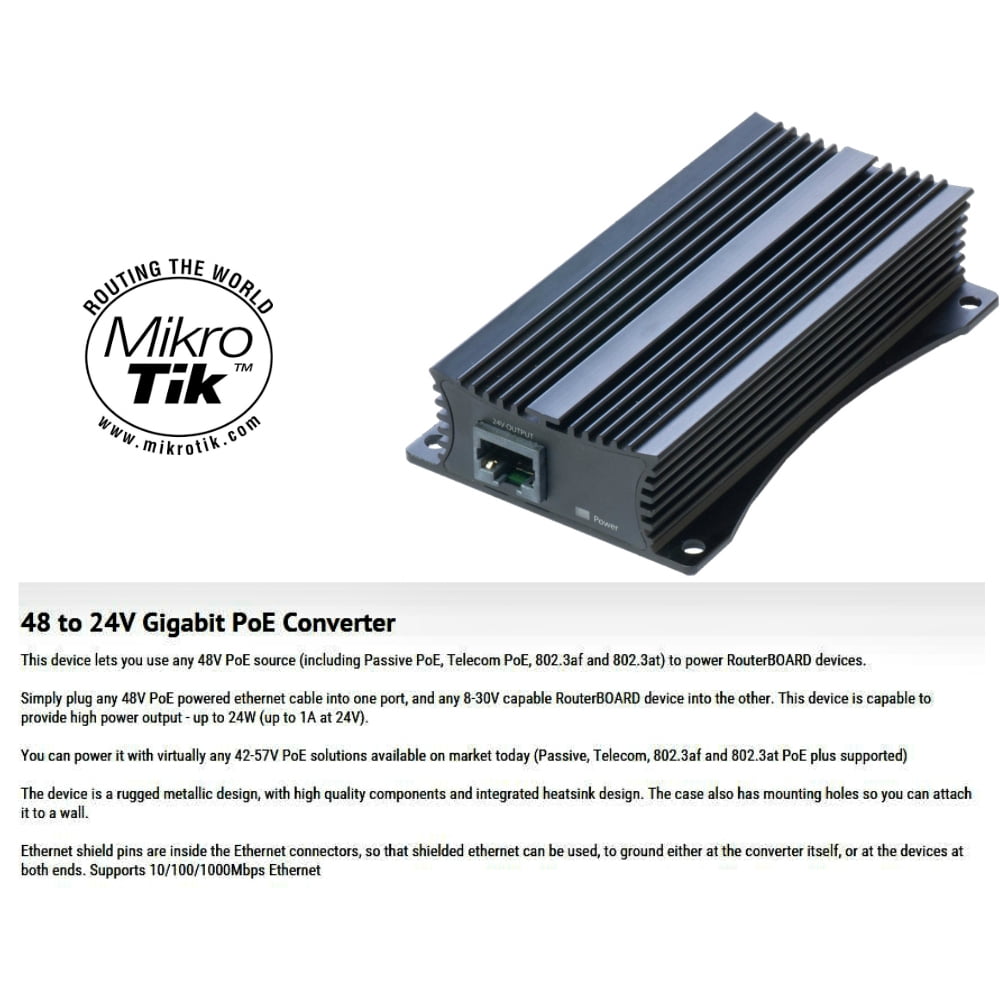 Mikrotik RBGPOE-CON-HP PoE Converter to Power RouterBOARD 48V to 24V ...