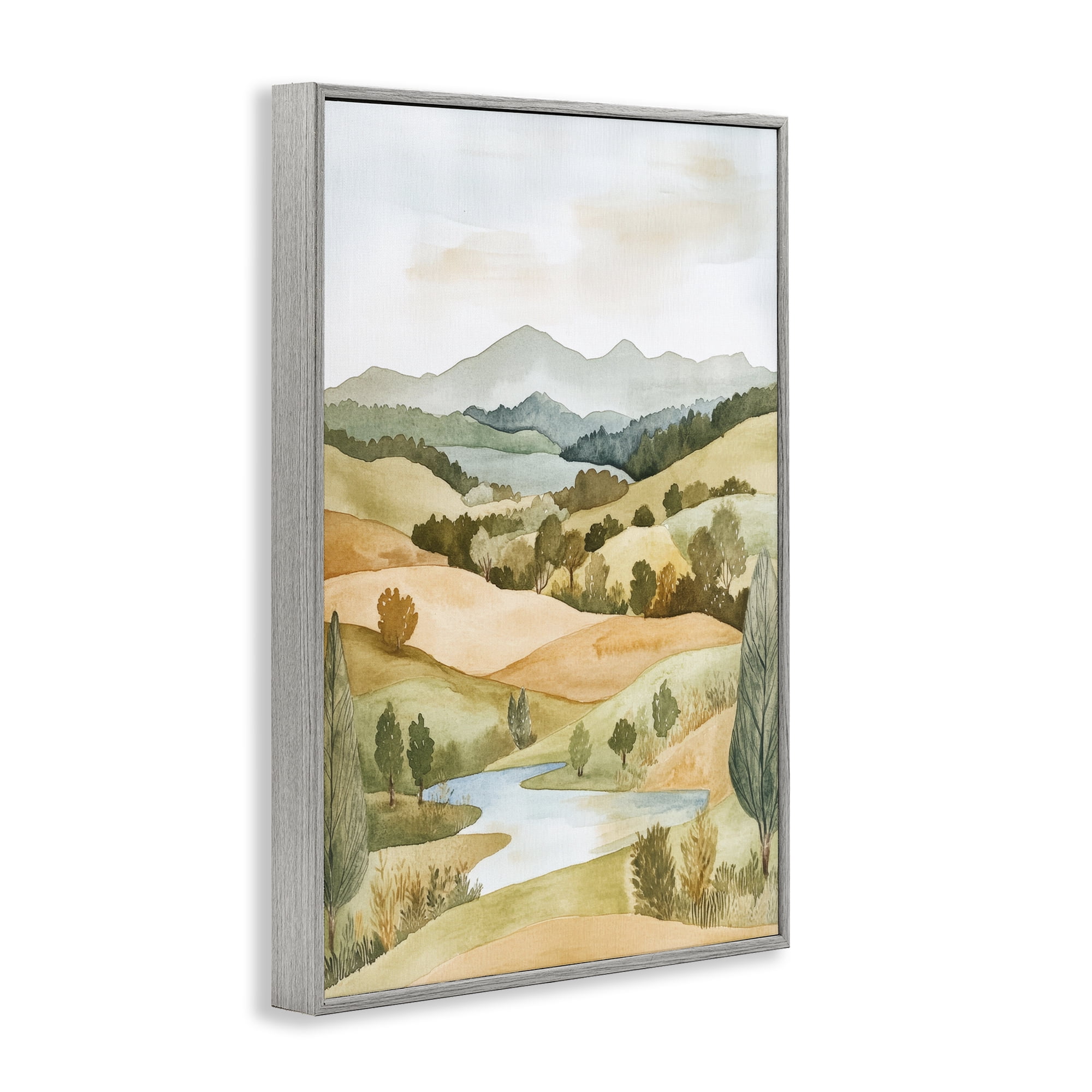 Stupell Industries Watercolor Hills & Tranquil Valley Gray Framed Giclee Art, design by Petal Prints Design
