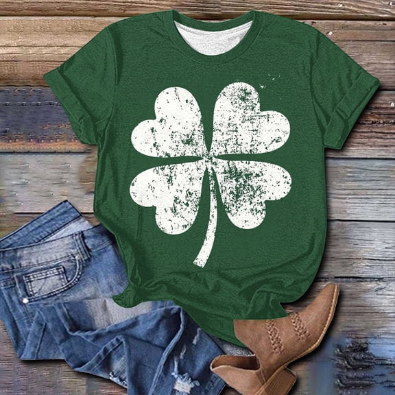 Yxbdin Plus Size St Patricks Day Shirts for Women Vintage Clover Graphic Tee Clover Print Short Sleeve T Shirt Holiday Crew Neck Tops 2026 Green L