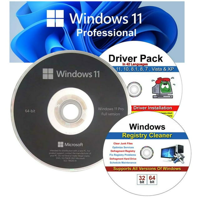 Windows 11 Professional 64 Bit OEM DVD & Drivers Pack & Registry Cleaner DVD. 3PK
