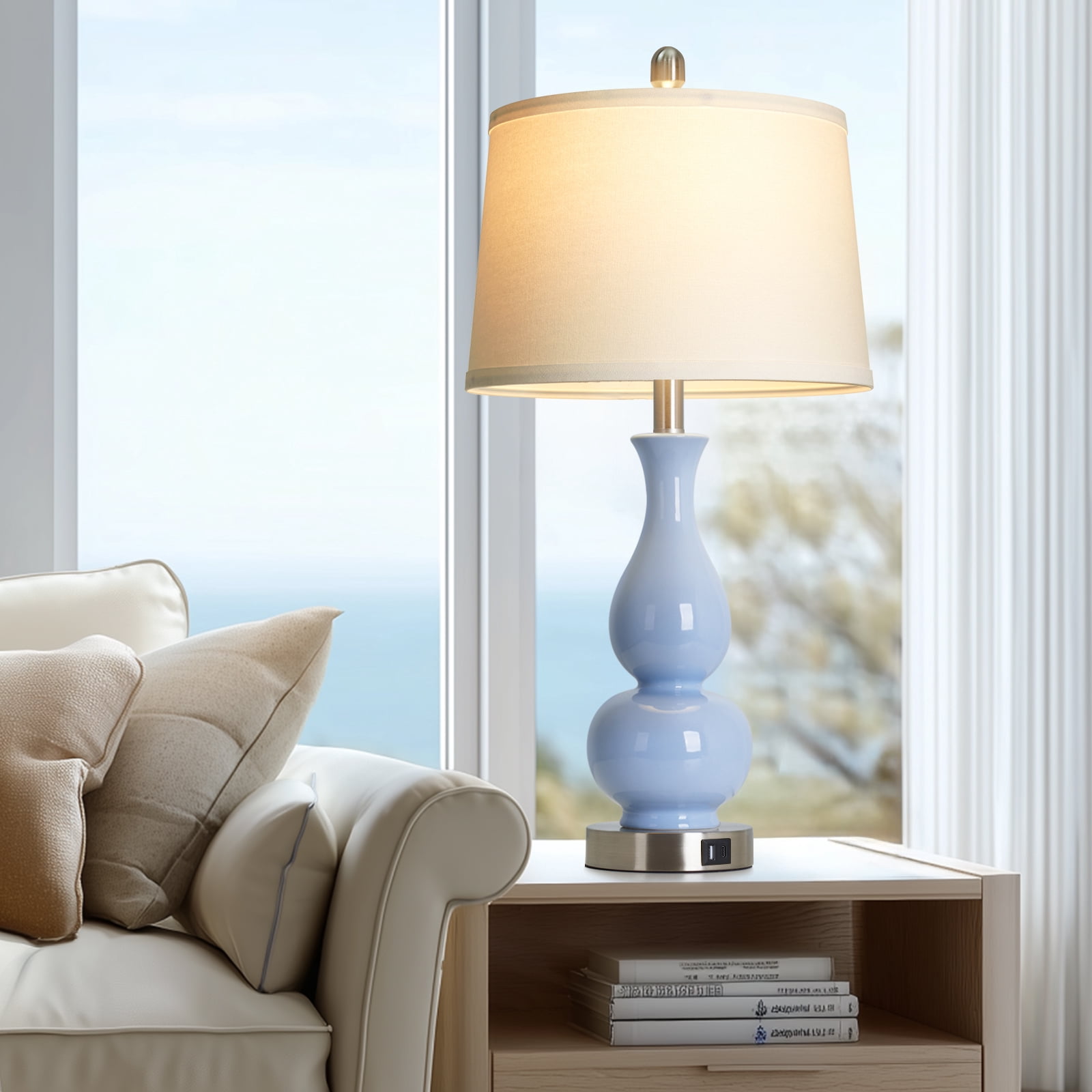 Lolikit Table Lamp Set of 2, Coastal Blue Ceramic Coastal Lamp, 27" Modern Nightstand Bedside Lamp for Living Room Bedroom, Bulbs Included
