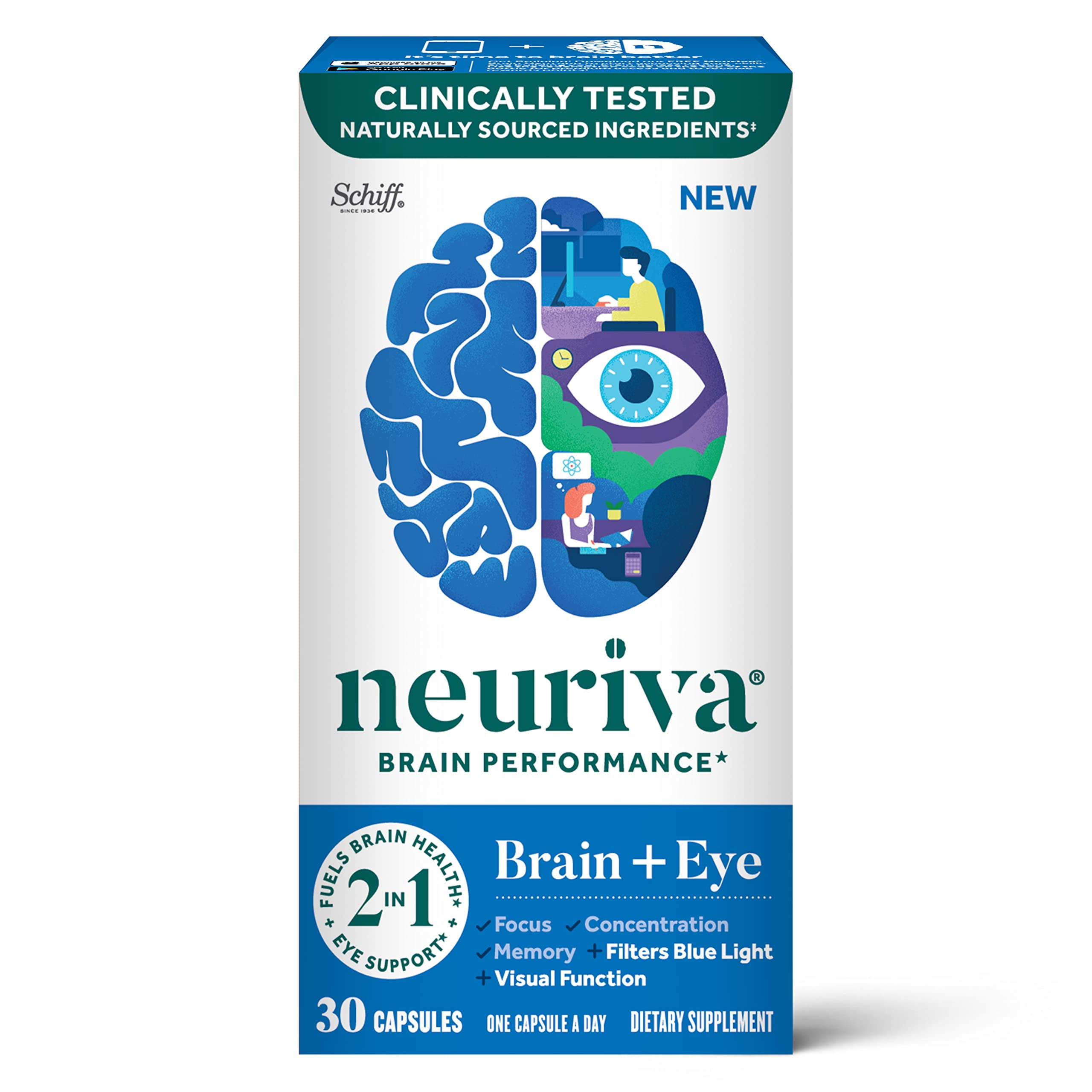 NEURIVA Brain + Eye Supplement for Memory, Focus & Concentration with