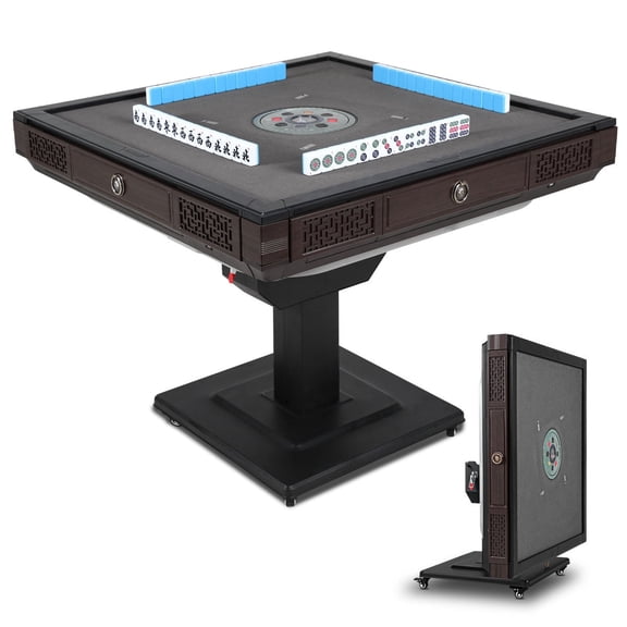 HomeMiYN Automatic Mahjong Table Foldable with Wheels,Roller Coaster Style Quiet Shuffling,with 42mm 152 Numbered Magnetic Tiles,for Domino Game,Suitable for Americans,Chinese,Filipinos,Brown