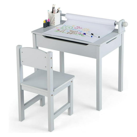 Kids Table and Chair Set, Wooden Lift-Top Desk & Chair with Storage, Paper Roll Holder & Pen Slot, Activity Table Set for Art, Children Furniture Set for Daycare, Playroom (Gray)