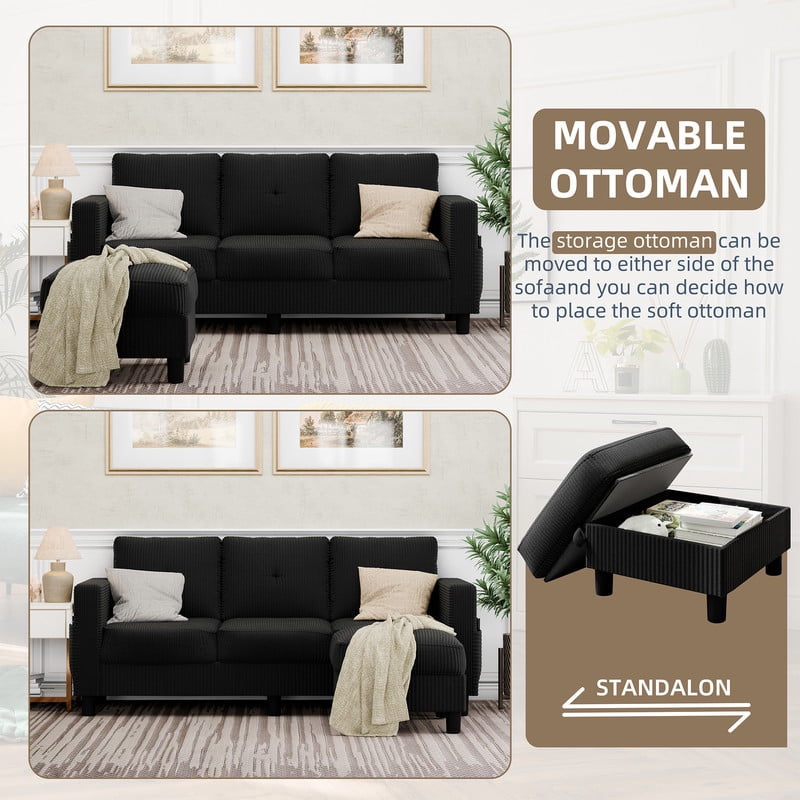Walsunny 76.4" Convertible Sectional Sofa, L Shaped Sectional Sofa with Side Pocket, 3 Seat Sofa Couch with Storage Ottoman for Small Living Room, Apartment, Bedroom, Black