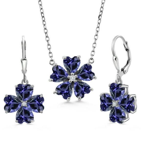Gem Stone King 925 Sterling Silver Blue Iolite and White Lab Grown Diamond Pendant Necklace Earrings Jewelry Set for Women (7.59 Cttw, Heart Shape 6MM, with 18 inch Chain)